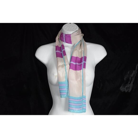 Vtg Evan Picone Designer Scarf Pink Plum Turquoise Strips Semi-Sheer 10"x51.5" - Picture 1 of 8